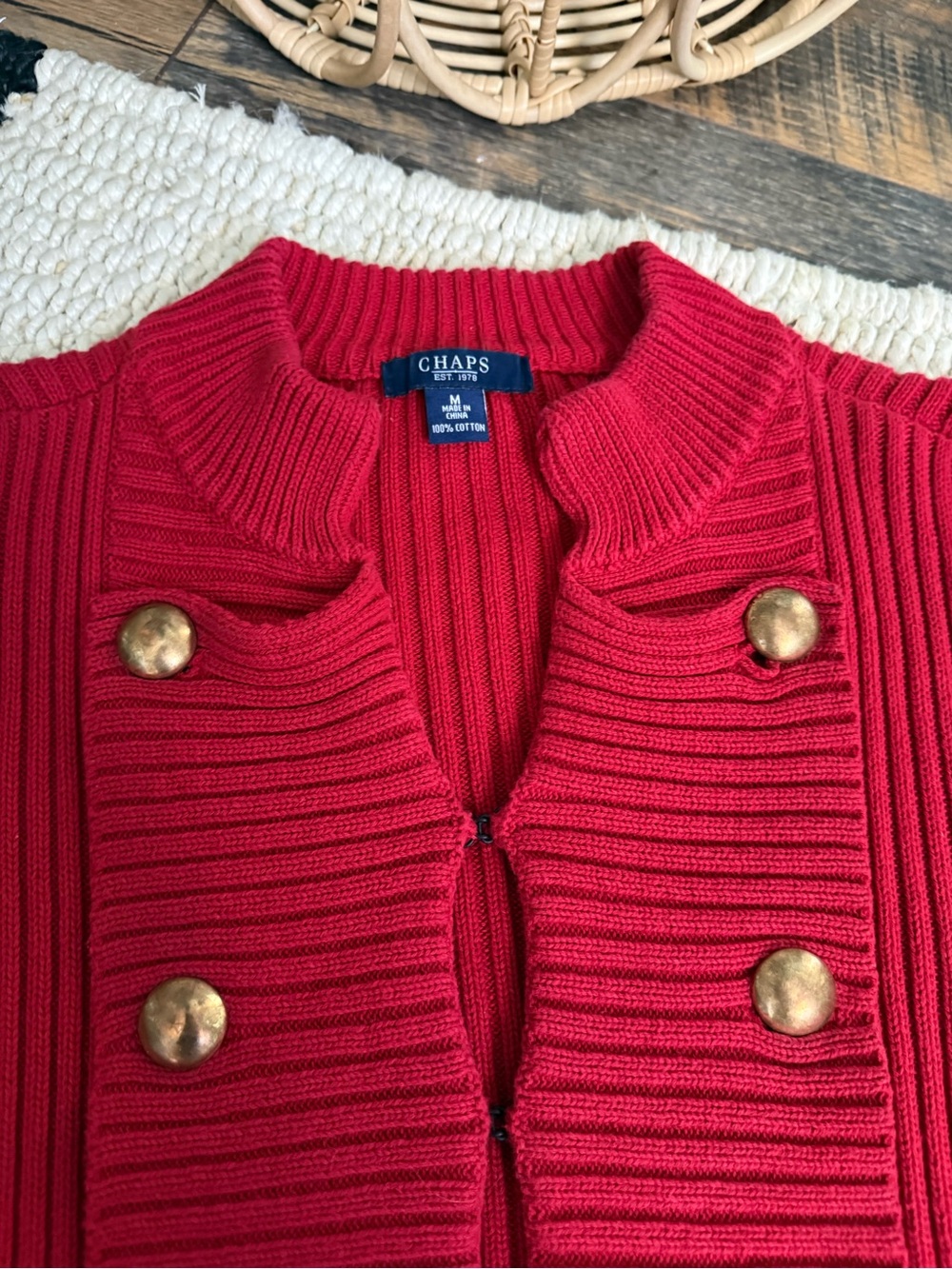 CHAPS Sweater Cardigan Jacket Double Breasted Red Ribbed Detail Womens - Picture 4 of 5